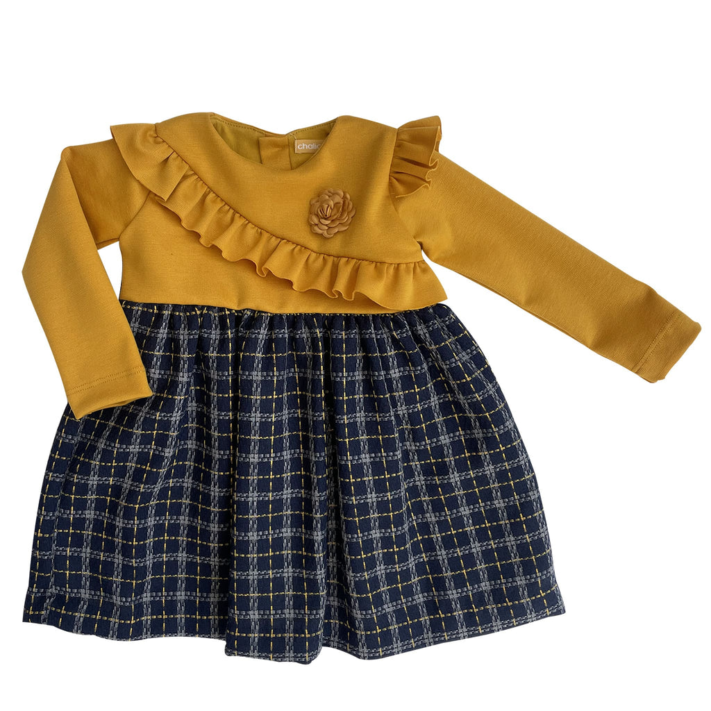 comprar vestido mostaza con falda escocesa para niña
